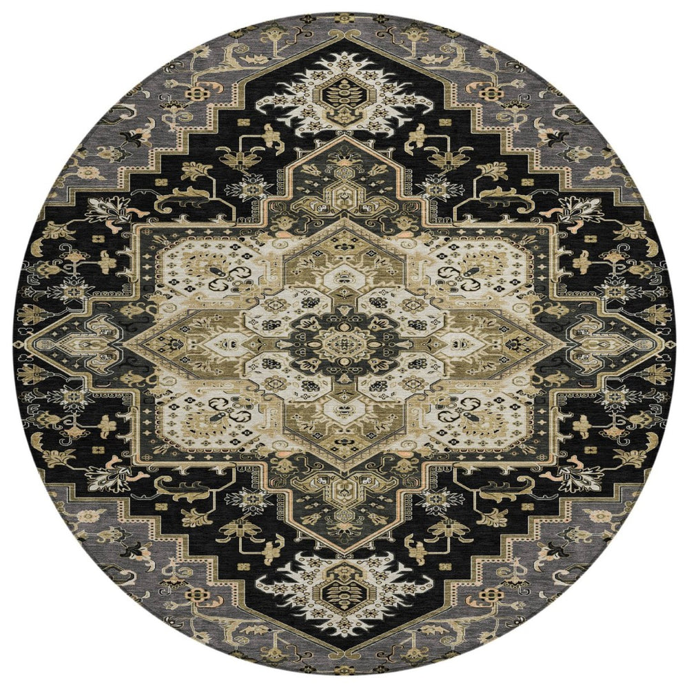 HomeRoots 5' Elegant Black, Gray & Ivory Oriental Area Rug - Durable, Washable for Indoor & Outdoor Charm 8' Round 600140