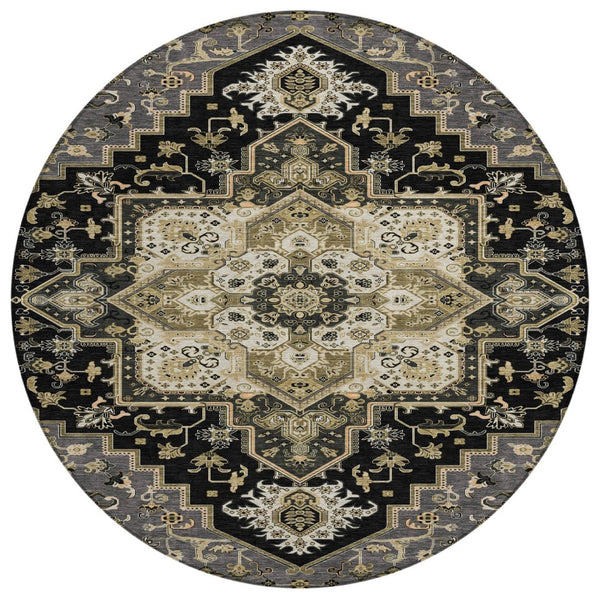 HomeRoots 5' Elegant Black, Gray & Ivory Oriental Area Rug - Durable, Washable for Indoor & Outdoor Charm 8' Round 600140
