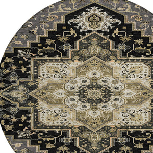 Homeroots 3' Beige Green Brown Oriental Washable Area Rug For Indoor Outdoor Spaces - Durable & Stylish 8' Round Polyester 600140