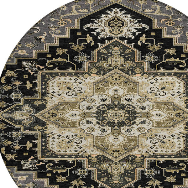 Homeroots 3' Beige Green Brown Oriental Washable Area Rug For Indoor Outdoor Spaces - Durable & Stylish 8' Round Polyester 600140