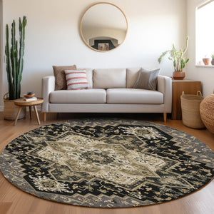 Homeroots 3' Beige Green Brown Oriental Washable Area Rug For Indoor Outdoor Spaces - Durable & Stylish 8' Round Polyester 600140