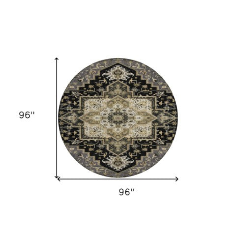 Homeroots 3' Beige Green Brown Oriental Washable Area Rug For Indoor Outdoor Spaces - Durable & Stylish 8' Round Polyester 600140