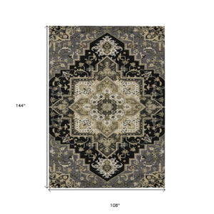 Homeroots 3' Beige Green Brown Oriental Washable Area Rug For Indoor Outdoor Spaces - Durable & Stylish 9' X 12' Polyester 600142