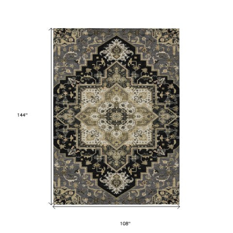 Homeroots 3' Beige Green Brown Oriental Washable Area Rug For Indoor Outdoor Spaces - Durable & Stylish 9' X 12' Polyester 600142