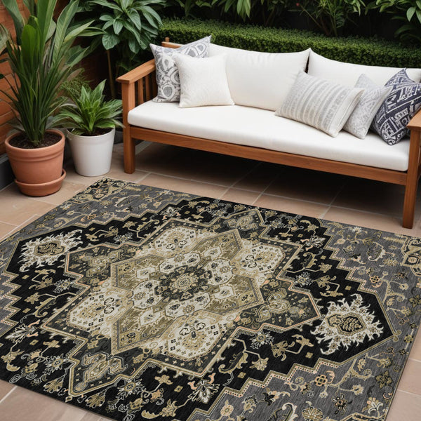 Homeroots 3' Beige Green Brown Oriental Washable Area Rug For Indoor Outdoor Spaces - Durable & Stylish 9' X 12' Polyester 600142