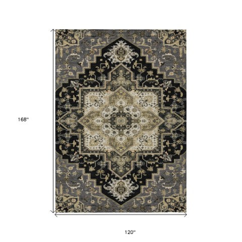 Homeroots 3' Beige Green Brown Oriental Washable Area Rug For Indoor Outdoor Spaces - Durable & Stylish 10' X 14' Polyester 600143