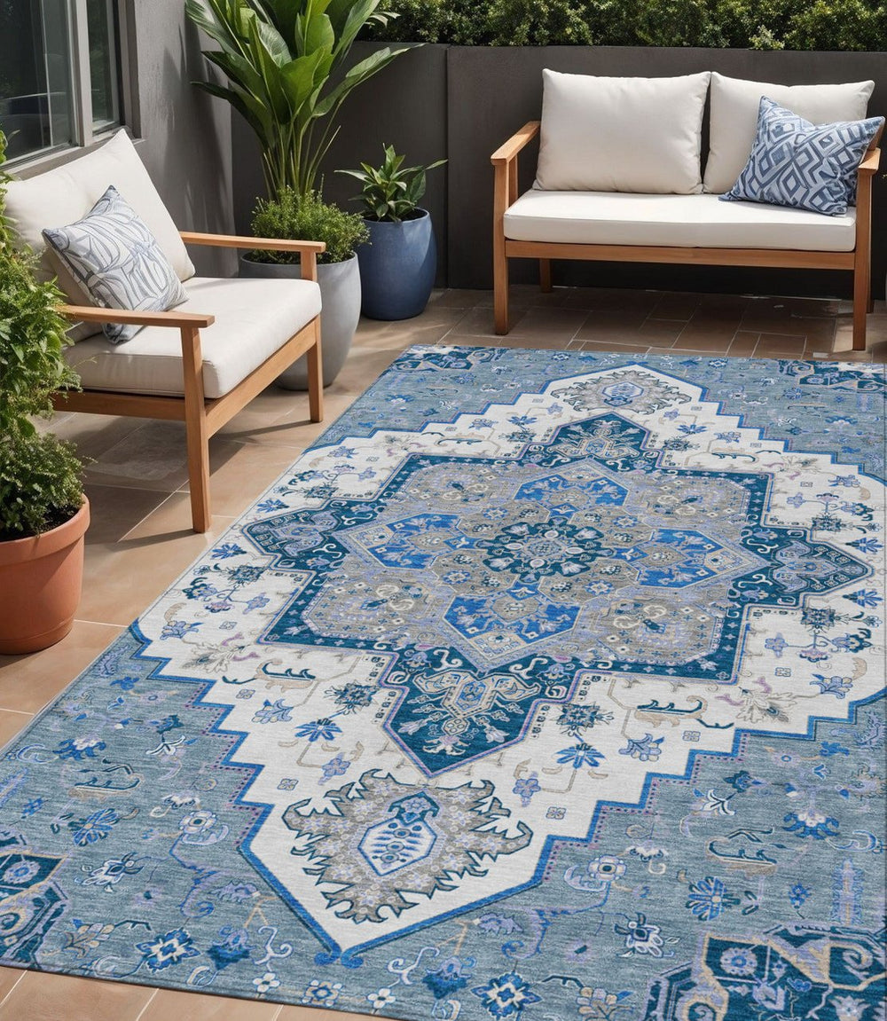 Homeroots 3' Beige Green Brown Oriental Washable Area Rug For Indoor Outdoor Spaces - Durable & Stylish 5' X 8' Polyester 600145