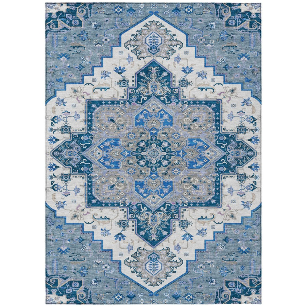 HomeRoots 5' Elegant Blue Gray Ivory Oriental Washable Indoor Outdoor Area Rug for Stylish Living Spaces 8' X 10' 600147