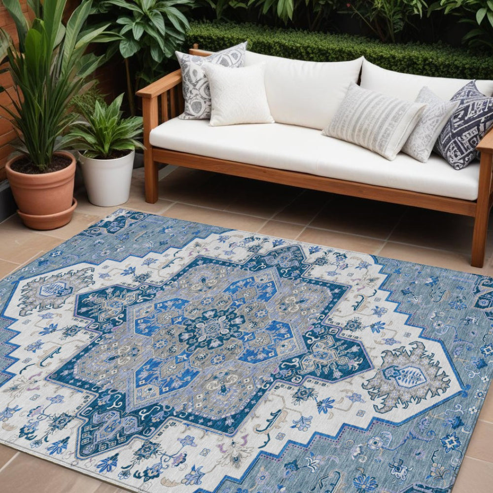 HomeRoots 9' X 12' Blue Gray Ivory Oriental Rug – Stylish, Washable Indoor/Outdoor Area Rug for Every Space! 600148