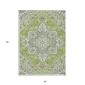 Homeroots 3' Beige Green Brown Oriental Washable Area Rug For Indoor Outdoor Spaces - Durable & Stylish 3' X 5' Polyester 600150