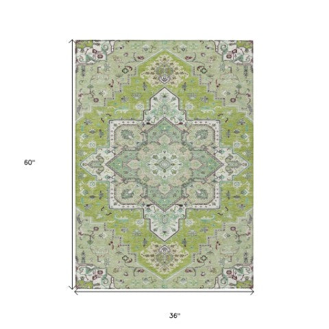 Homeroots 3' Beige Green Brown Oriental Washable Area Rug For Indoor Outdoor Spaces - Durable & Stylish 3' X 5' Polyester 600150
