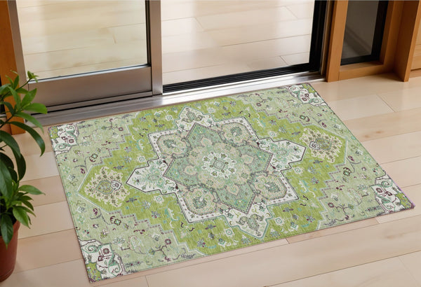 Homeroots 3' Beige Green Brown Oriental Washable Area Rug For Indoor Outdoor Spaces - Durable & Stylish 3' X 5' Polyester 600150