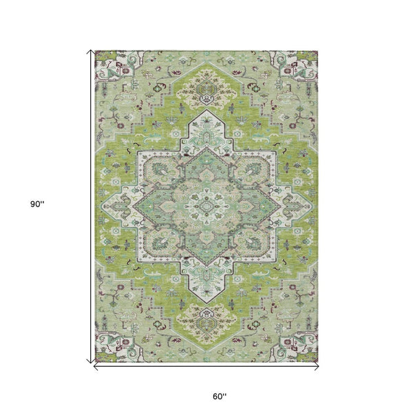 HomeRoots 5' Timeless Oriental Washable Area Rug in Green, Ivory, and Brown for Indoor and Outdoor Spaces 5' X 8' 600151