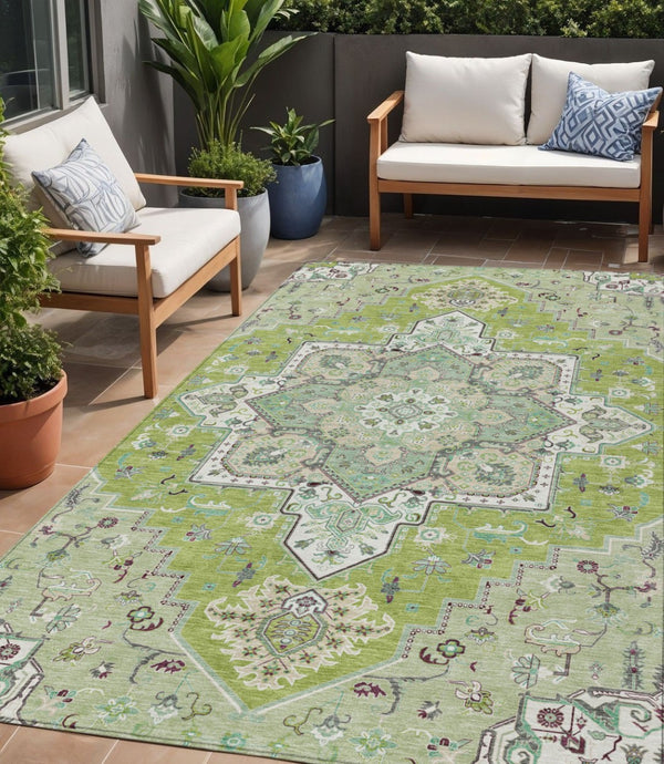 HomeRoots 5' Timeless Oriental Washable Area Rug in Green, Ivory, and Brown for Indoor and Outdoor Spaces 5' X 8' 600151