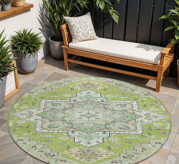 Homeroots 3' Beige Green Brown Oriental Washable Area Rug For Indoor Outdoor Spaces - Durable & Stylish 8' Round Polyester 600152