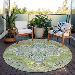 Homeroots 3' Beige Green Brown Oriental Washable Area Rug For Indoor Outdoor Spaces - Durable & Stylish 8' Round Polyester 600152