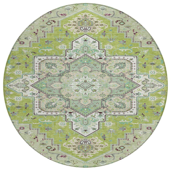 HomeRoots 5' Timeless Oriental Washable Area Rug in Green, Ivory, and Brown for Indoor and Outdoor Spaces 8' Round 600152