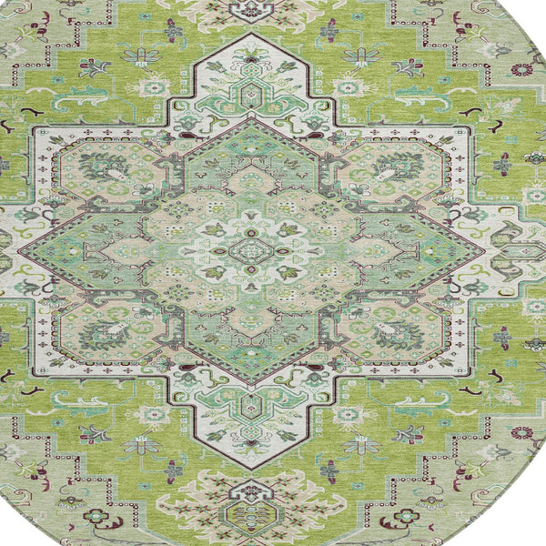 Homeroots 3' Beige Green Brown Oriental Washable Area Rug For Indoor Outdoor Spaces - Durable & Stylish 8' Round Polyester 600152