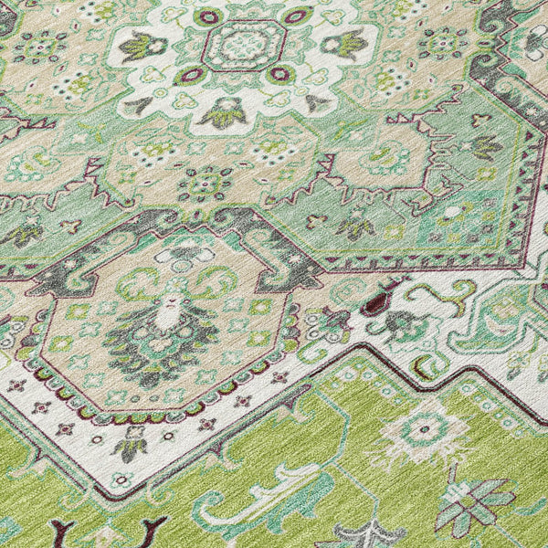 Homeroots 3' Beige Green Brown Oriental Washable Area Rug For Indoor Outdoor Spaces - Durable & Stylish 8' Round Polyester 600152