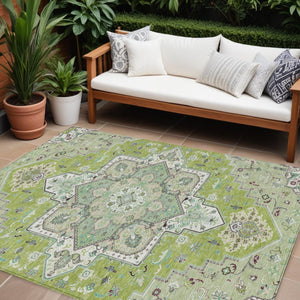 HomeRoots 5' Timeless Oriental Washable Area Rug in Green, Ivory, and Brown for Indoor and Outdoor Spaces 8' X 10' 600153