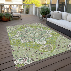 HomeRoots 5' Timeless Oriental Washable Area Rug in Green, Ivory, and Brown for Indoor and Outdoor Spaces 8' X 10' 600153