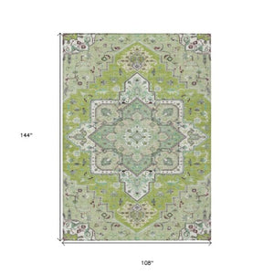 Homeroots 3' Beige Green Brown Oriental Washable Area Rug For Indoor Outdoor Spaces - Durable & Stylish 9' X 12' Polyester 600154