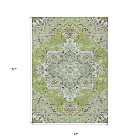 Homeroots 3' Beige Green Brown Oriental Washable Area Rug For Indoor Outdoor Spaces - Durable & Stylish 10' X 14' Polyester 600155