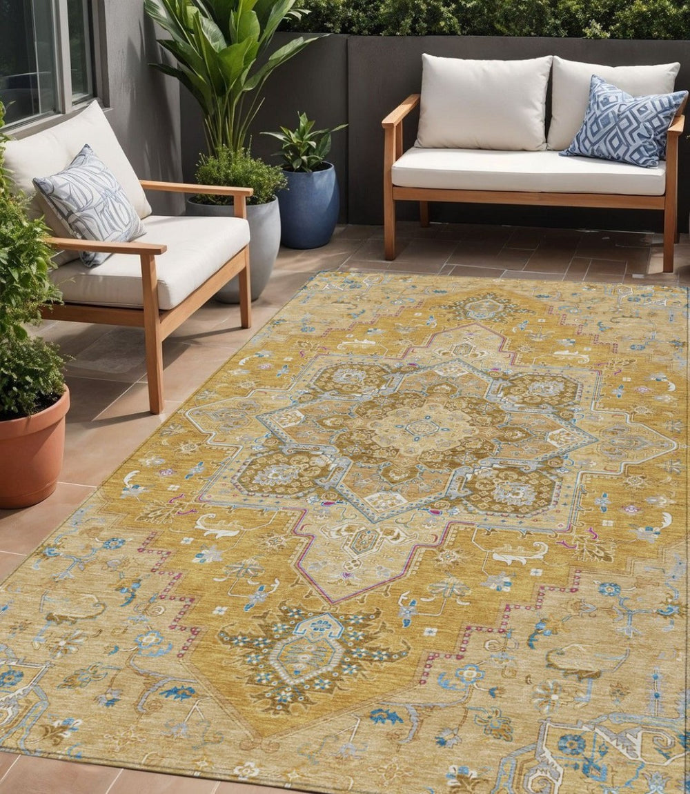 HomeRoots 5' Elegant Gold Beige and Blue Oriental Indoor Outdoor Area Rug for Timeless Style & Durability 5' X 8' 600157