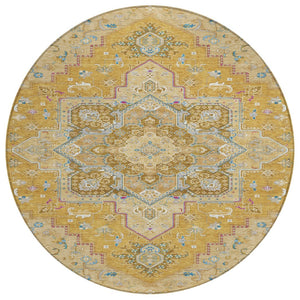 HomeRoots 5' Elegant Gold Beige and Blue Oriental Indoor Outdoor Area Rug for Timeless Style & Durability 8' Round 600158