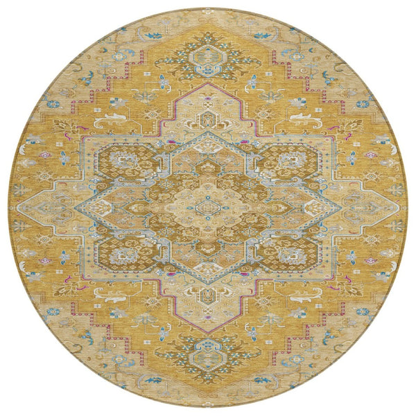 HomeRoots 5' Elegant Gold Beige and Blue Oriental Indoor Outdoor Area Rug for Timeless Style & Durability 8' Round 600158