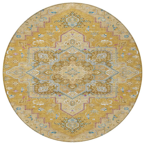 Homeroots 3' Beige Green Brown Oriental Washable Area Rug For Indoor Outdoor Spaces - Durable & Stylish 8' Round Polyester 600158