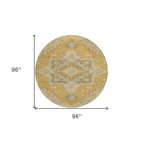 Homeroots 3' Beige Green Brown Oriental Washable Area Rug For Indoor Outdoor Spaces - Durable & Stylish 8' Round Polyester 600158