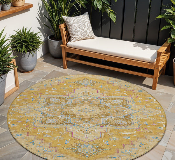 Homeroots 3' Beige Green Brown Oriental Washable Area Rug For Indoor Outdoor Spaces - Durable & Stylish 8' Round Polyester 600158