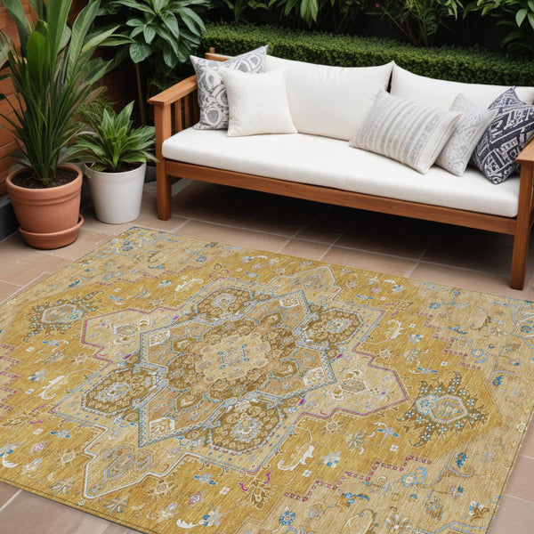 Homeroots 3' Beige Green Brown Oriental Washable Area Rug For Indoor Outdoor Spaces - Durable & Stylish 8' X 10' Polyester 600159