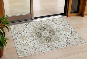 Homeroots 3' Beige Green Brown Oriental Washable Area Rug For Indoor Outdoor Spaces - Durable & Stylish 3' X 5' Polyester 600162