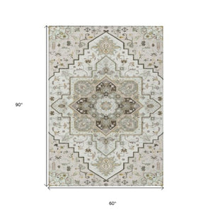 Homeroots 3' Beige Green Brown Oriental Washable Area Rug For Indoor Outdoor Spaces - Durable & Stylish 5' X 8' Polyester 600163