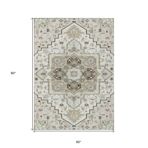 Homeroots 3' Beige Green Brown Oriental Washable Area Rug For Indoor Outdoor Spaces - Durable & Stylish 5' X 8' Polyester 600163
