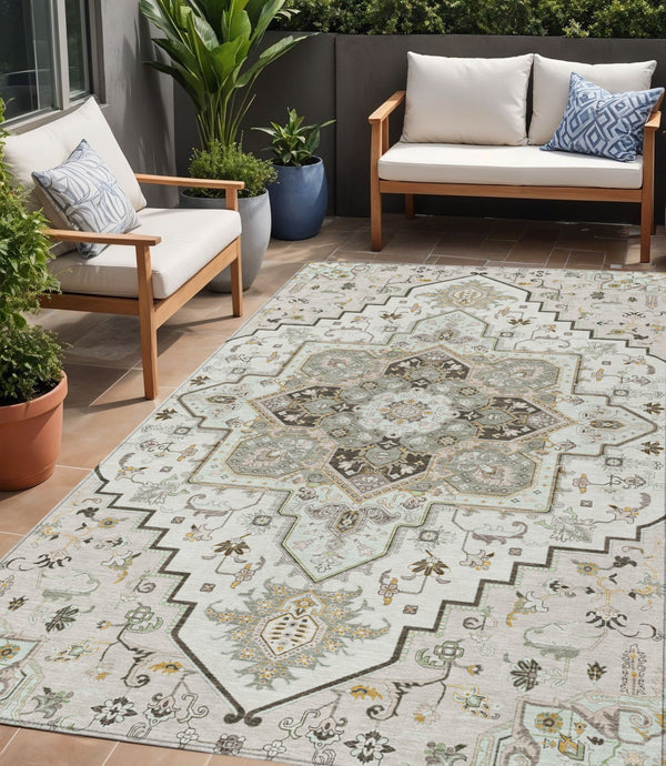 Homeroots 3' Beige Green Brown Oriental Washable Area Rug For Indoor Outdoor Spaces - Durable & Stylish 5' X 8' Polyester 600163