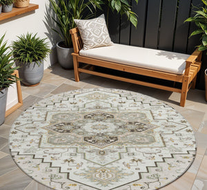 Homeroots 3' Beige Green Brown Oriental Washable Area Rug For Indoor Outdoor Spaces - Durable & Stylish 8' Round Polyester 600164