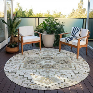 Homeroots 3' Beige Green Brown Oriental Washable Area Rug For Indoor Outdoor Spaces - Durable & Stylish 8' Round Polyester 600164