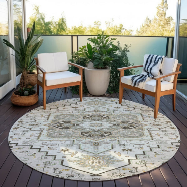 Homeroots 3' Beige Green Brown Oriental Washable Area Rug For Indoor Outdoor Spaces - Durable & Stylish 8' Round Polyester 600164