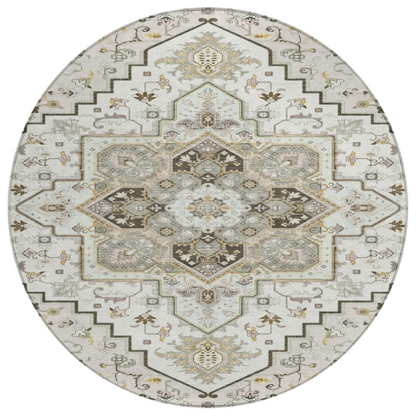 HomeRoots 5' Elegant Ivory and Brown Oriental Area Rug - Washable, Durable, Perfect for Indoor or Outdoor Spaces 8' Round 600164