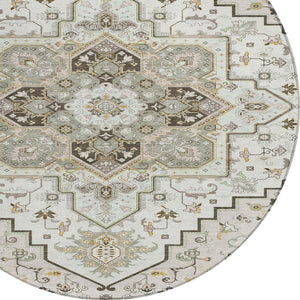 Homeroots 3' Beige Green Brown Oriental Washable Area Rug For Indoor Outdoor Spaces - Durable & Stylish 8' Round Polyester 600164