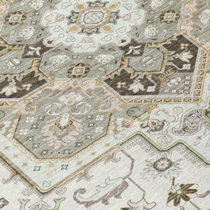 Homeroots 3' Beige Green Brown Oriental Washable Area Rug For Indoor Outdoor Spaces - Durable & Stylish 8' Round Polyester 600164