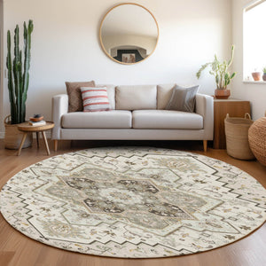 Homeroots 3' Beige Green Brown Oriental Washable Area Rug For Indoor Outdoor Spaces - Durable & Stylish 8' Round Polyester 600164