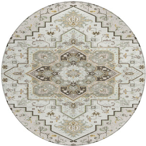 Homeroots 3' Beige Green Brown Oriental Washable Area Rug For Indoor Outdoor Spaces - Durable & Stylish 8' Round Polyester 600164