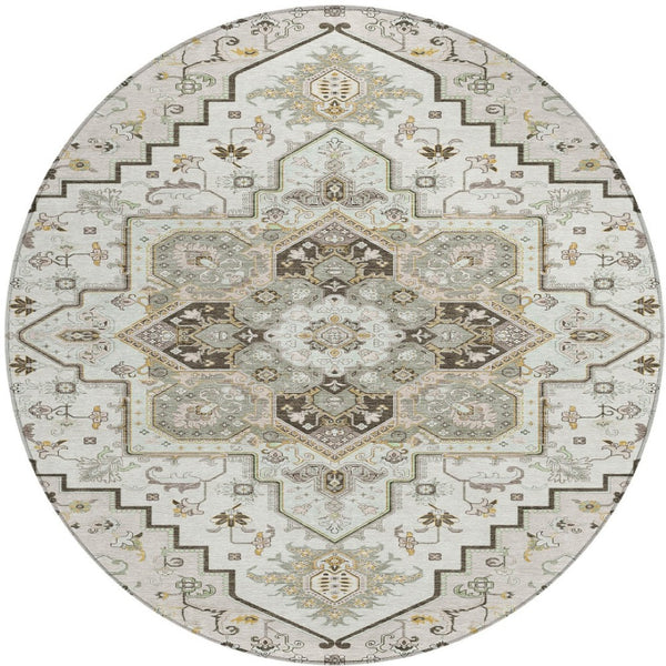 Homeroots 3' Beige Green Brown Oriental Washable Area Rug For Indoor Outdoor Spaces - Durable & Stylish 8' Round Polyester 600164