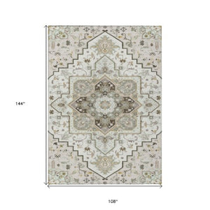 Homeroots 3' Beige Green Brown Oriental Washable Area Rug For Indoor Outdoor Spaces - Durable & Stylish 9' X 12' Polyester 600166
