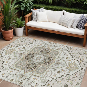 Homeroots 3' Beige Green Brown Oriental Washable Area Rug For Indoor Outdoor Spaces - Durable & Stylish 9' X 12' Polyester 600166