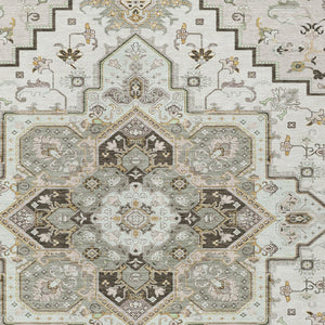 Homeroots 3' Beige Green Brown Oriental Washable Area Rug For Indoor Outdoor Spaces - Durable & Stylish 9' X 12' Polyester 600166